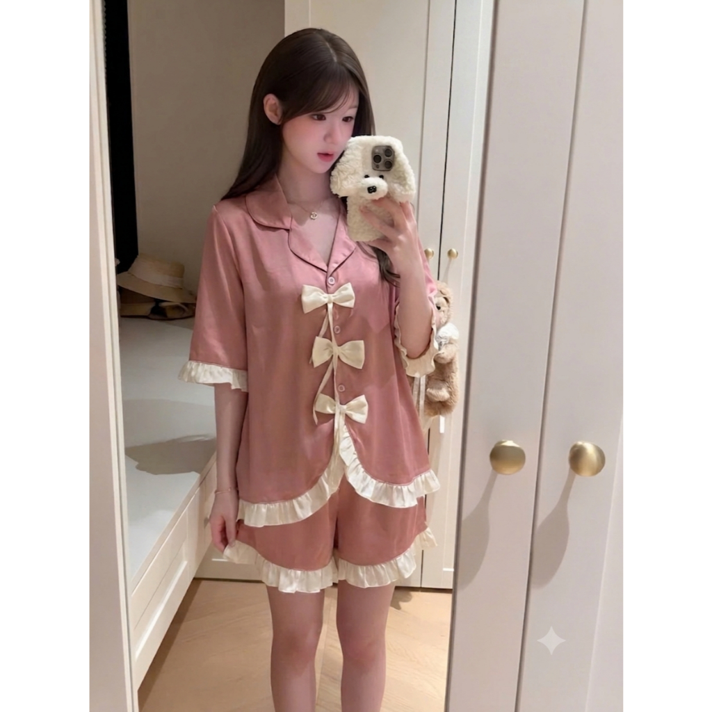 [40-60kg] Pijama Nữ Tay Ngắn Phối Nơ Cực Xinh, Bộ Đồ Ngủ Lụa Lantin Kiểu Dáng Tiểu Thư Hàn Quốc CC04