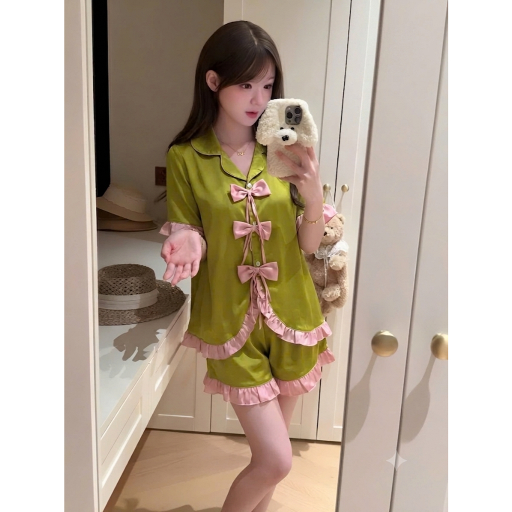 [40-60kg] Pijama Nữ Tay Ngắn Phối Nơ Cực Xinh, Bộ Đồ Ngủ Lụa Lantin Kiểu Dáng Tiểu Thư Hàn Quốc CC04