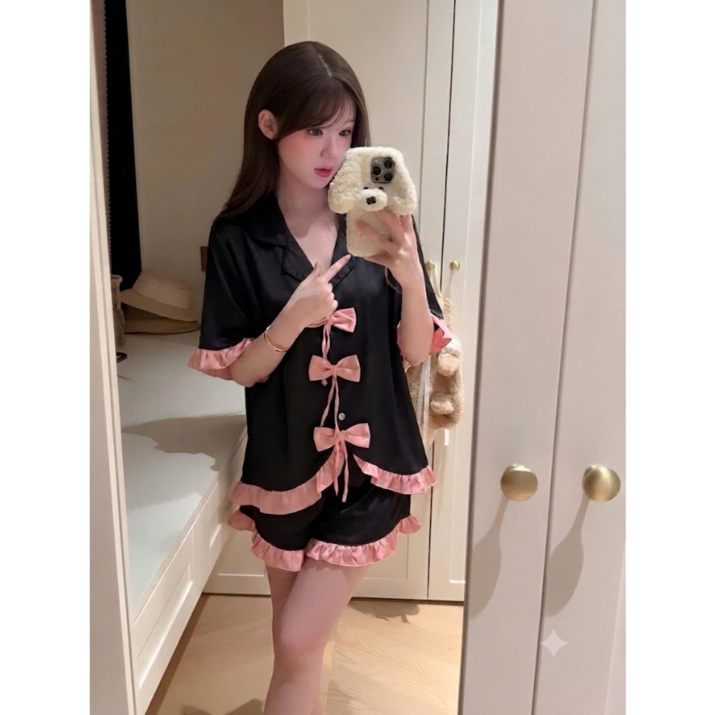 [40-60kg] Pijama Nữ Tay Ngắn Phối Nơ Cực Xinh, Bộ Đồ Ngủ Lụa Lantin Kiểu Dáng Tiểu Thư Hàn Quốc CC04