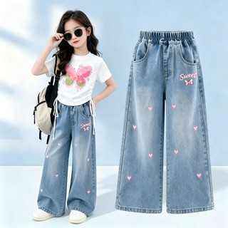 QuầN Jeans Bé GáI Cao CấP ỐNg RộNg ThêU Tim LưNg Thun ThoáNg Khí QuầN Jean Bé GáI
