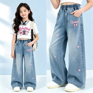 QuầN Jeans Bé GáI Cao CấP ỐNg RộNg ThêU Tim LưNg Thun ThoáNg Khí QuầN Jean Bé GáI