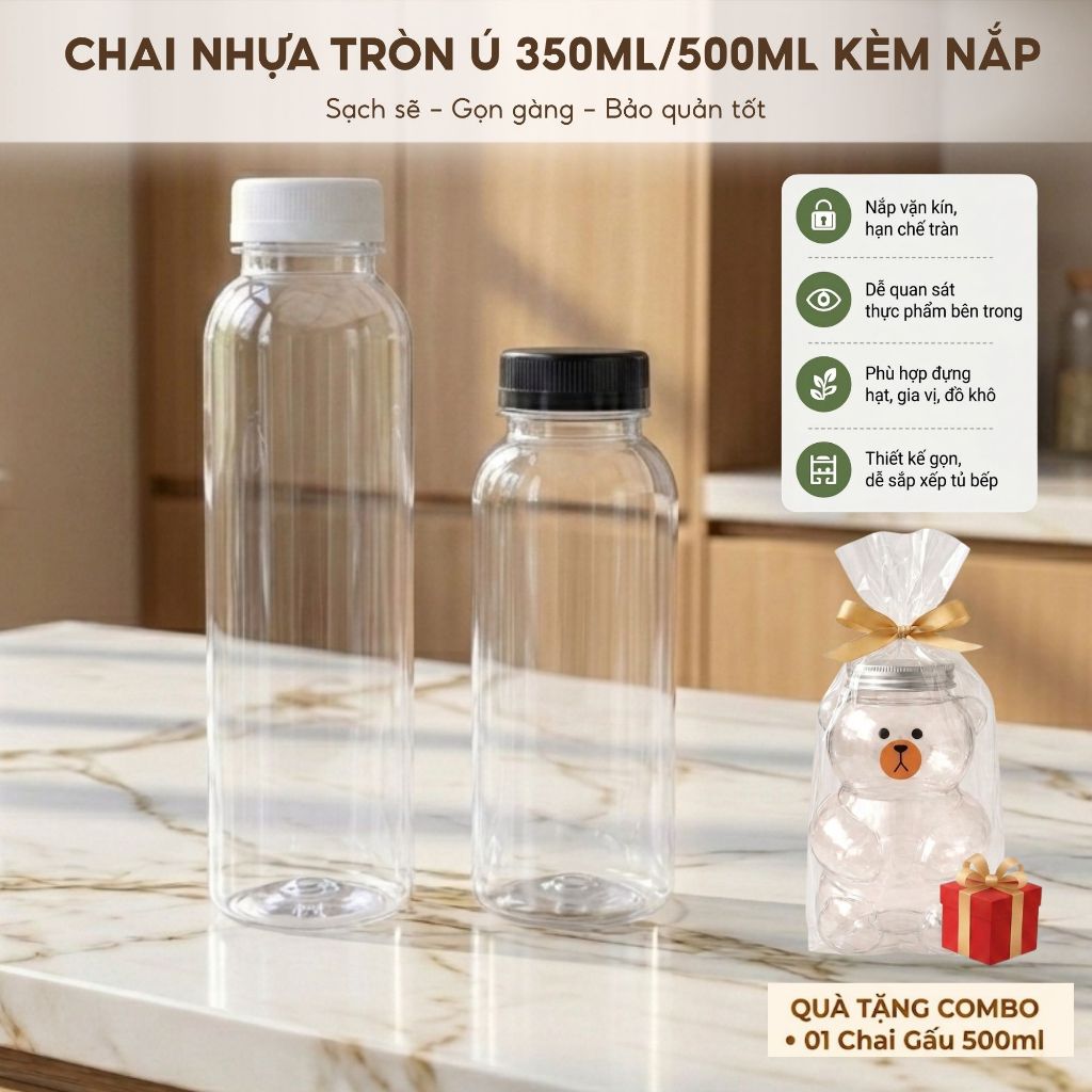 Combo 25 Chai Nhựa Tròn Ú 350ml/500ml Kèm Nắp – Chai Nhựa PET Phi 38 Đựng Nước Ép, Trà Sữa, Sữa Hạt