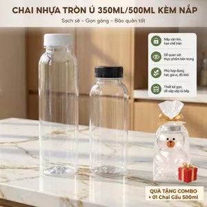 Combo 25 Chai Nhựa Tròn Ú 350ml/500ml Kèm Nắp – Chai Nhựa PET Phi 38 Đựng Nước Ép, Trà Sữa, Sữa Hạt