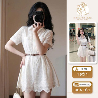 Váy trắng ren nữ họa tiết nhí dáng xòe tay ngắn, đầm chiết eo kèm đai thắt lưng tôn dáng trẻ trung