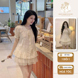 Set Bộ Nữ Áo Babydoll Tay Phồng Phối Chân Váy Ngắn Xếp Tầng Phong Cách Hàn Quốc Mặc Đi Chơi Dạo Phố _ Her Fashion Store