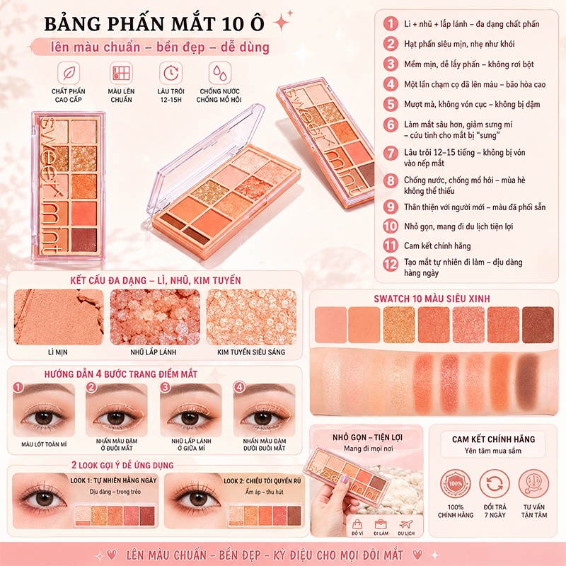 Bảng phấn mắt 10 màu, Lên màu chuẩn, Hũ lì kết hợp, Giữ màu lâu trôi, Mịn mượt, Tán đều, Không vón cục