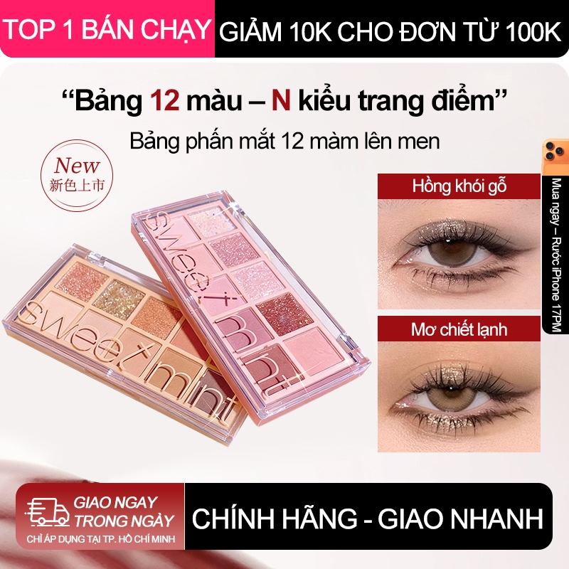 Bảng phấn mắt 10 màu, Lên màu chuẩn, Hũ lì kết hợp, Giữ màu lâu trôi, Mịn mượt, Tán đều, Không vón cục