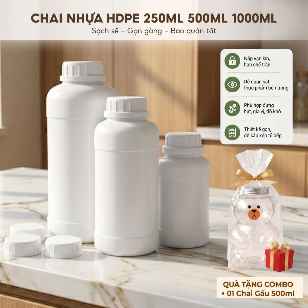 Combo 25 Chai Nhựa 250ml 500ml 1000ml – Chai Đựng Hóa Chất, Dung Dịch, Sữa Tắm, Dầu Gội Kèm Nắp Kín, Nhựa PET