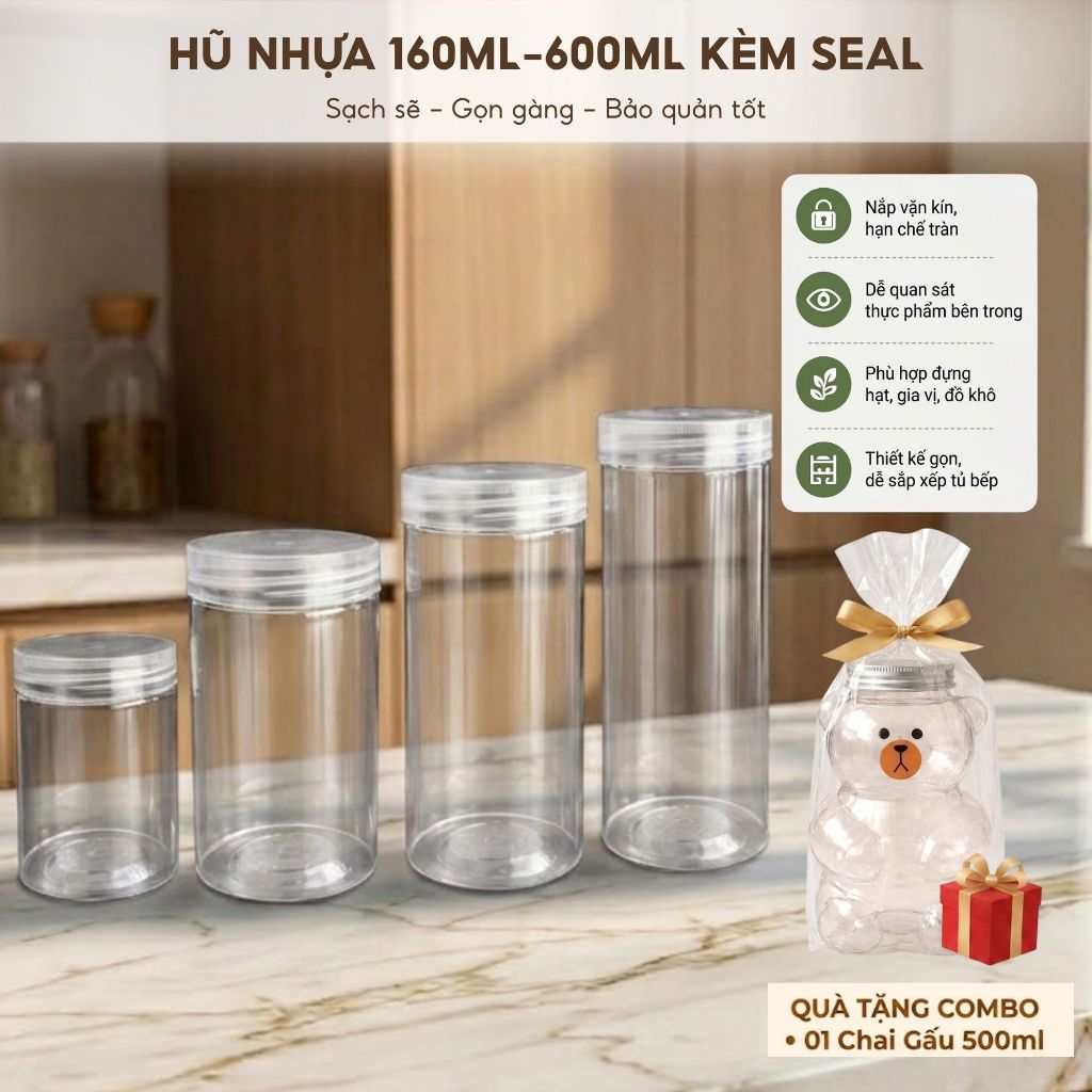 Combo 25 Hũ Nhựa 160ml - 600ml Nắp Vặn Kèm Seal – Hũ Đựng Rau Củ Sấy, Bánh Kẹo, Hạt Dinh Dưỡng phi 65
