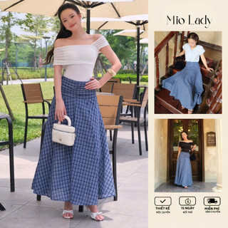 Chân váy midi caro rút nhún dáng dài xòe rủ, chất thô ít nhăn, dày dặn, thoáng mát, hai lớp - Mio Lady CV006