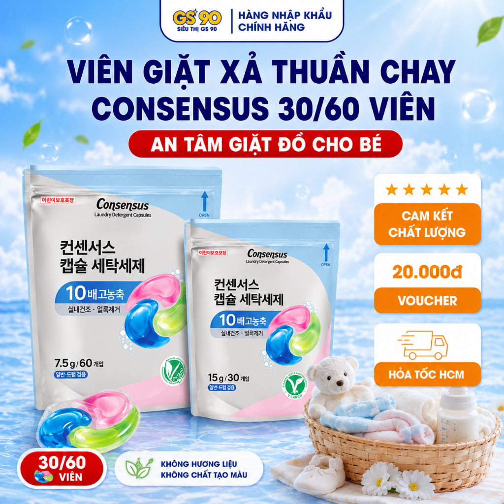 [ƯU ĐÃI THÁNG 7] Viên Giặt Xả Consensus Hàn Quốc Thuần Chay 30/60 Viên, Cho Em Bé, Gấp 10 Lần Sạch, Dịu Nhẹ Da Nhạy Cảm
