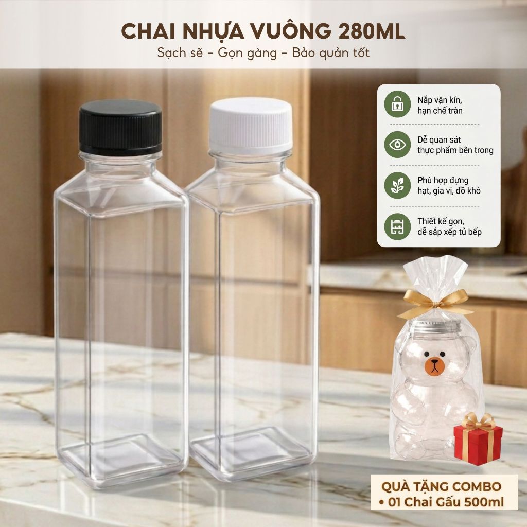 Combo 25 Chai Nhựa Vuông 280ml  – Chai Đựng Nước Ép, Trà Sữa, Detox, Sữa Hạt Kèm Nắp, Nhựa PET Bút Chì Phi 30
