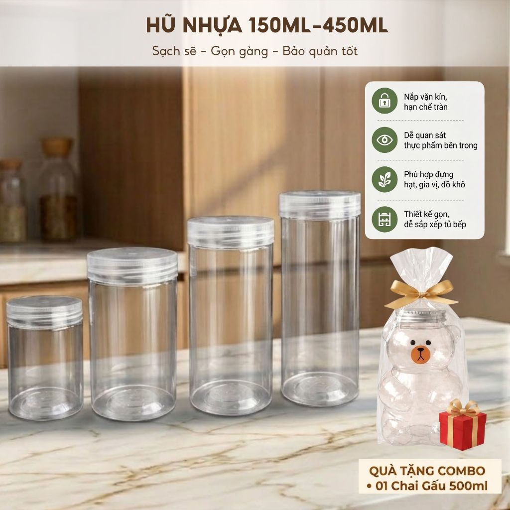 Combo 25 Hũ Nhựa 150ml - 450ml Nắp Vặn, Kèm Seal – Hũ Đựng Rau Củ Sấy, Bánh Kẹo, Hạt Dinh Dưỡng, Thực Phẩm Khô,  Phi 55