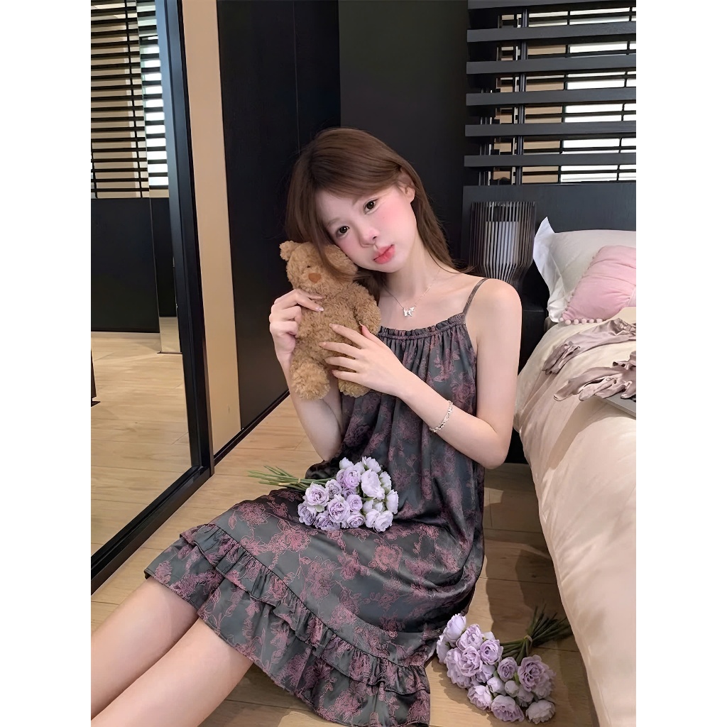 [40-60kg] Váy Ngủ 2 Dây Lụa Gấm, Đầm Ngủ Dáng Suông Phối Bèo Dễ Thương Quyến Rũ Mặc Nhà PV01