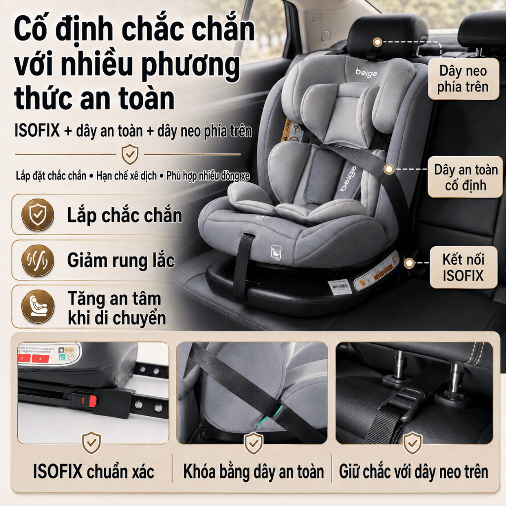 Ghế ngồi ô tô cho bé Beige, có khóa chốt an toàn, ghế an toàn cho trẻ em, isofix+lacth cố đị
