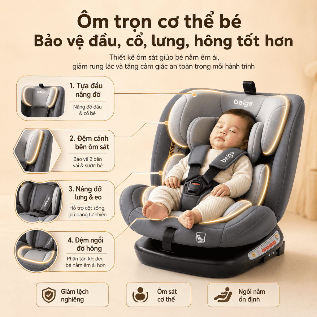 Ghế ngồi ô tô cho bé Beige, có khóa chốt an toàn, ghế an toàn cho trẻ em, isofix+lacth cố đị