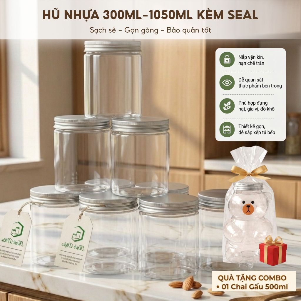 Combo 25 Hũ Nhựa 300ml-1050ml Nắp Vặn Kèm Seal – Hũ Đựng Thực Phẩm Khô  Trong Suốt  Phi 85