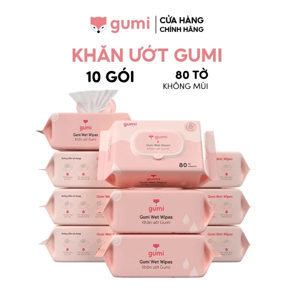 Thùng 10 Gói Khăn Giấy Ướt Gumi 100 Tờ Chính Hãng | Không Mùi, An Toàn Cho Trẻ Sơ Sinh, Mẹ Và Bé