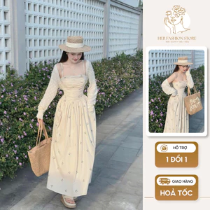 Set váy 2 dây dáng dài nhún ngực chất mango họa tiết nơ nhí phối áo khoác ren mỏng phong cách tiểu thư đi biển đi chơi