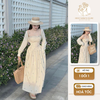 Set váy 2 dây dáng dài nhún ngực chất mango họa tiết nơ nhí phối áo khoác ren mỏng phong cách tiểu thư đi biển đi chơi