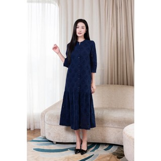 SWANLAKE | Váy Đầm Nữ Maxi Suông Đuôi Cá Cổ Trụ Cài Nút Cotton Thêu Đục Lỗ Tay Lỡ Du Lịch Hè D12761