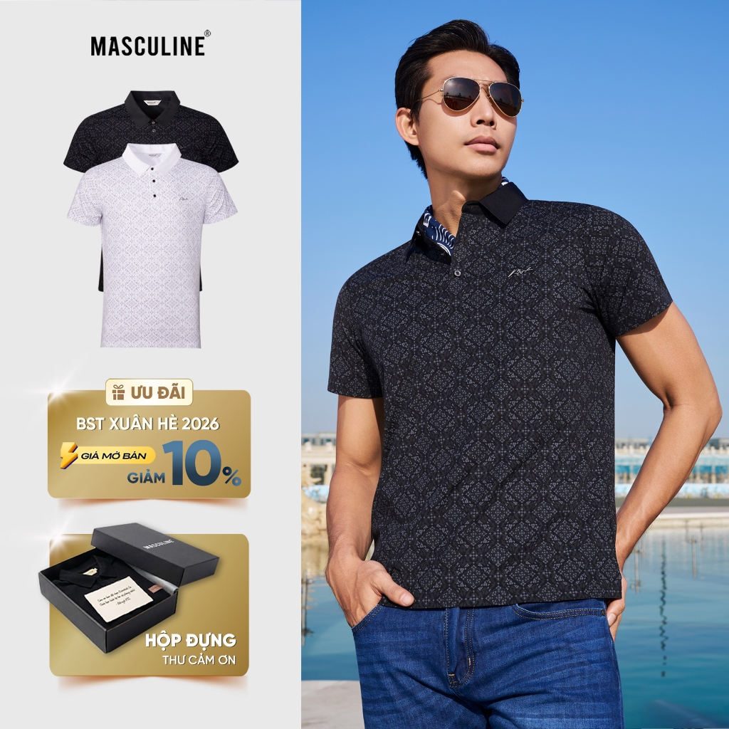Áo polo nam MASCULINE APL601 họa tiết in cao cấp vải silk nylon mát lạnh dáng regular fit