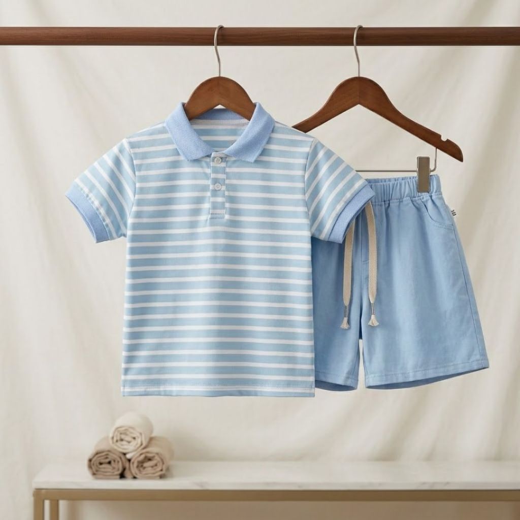 Bộ Polo Bé Trai Sọc Ngang Xanh Trắng (8-30kg), Set Đồ Hè Cho Bé Chất Thun Cotton Có Cổ Mix Quần Short Dây Rút Vintage