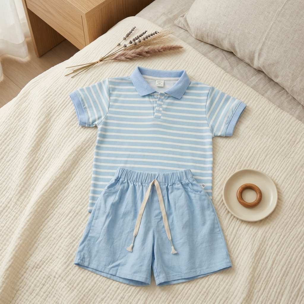Bộ Polo Bé Trai Sọc Ngang Xanh Trắng (8-30kg), Set Đồ Hè Cho Bé Chất Thun Cotton Có Cổ Mix Quần Short Dây Rút Vintage