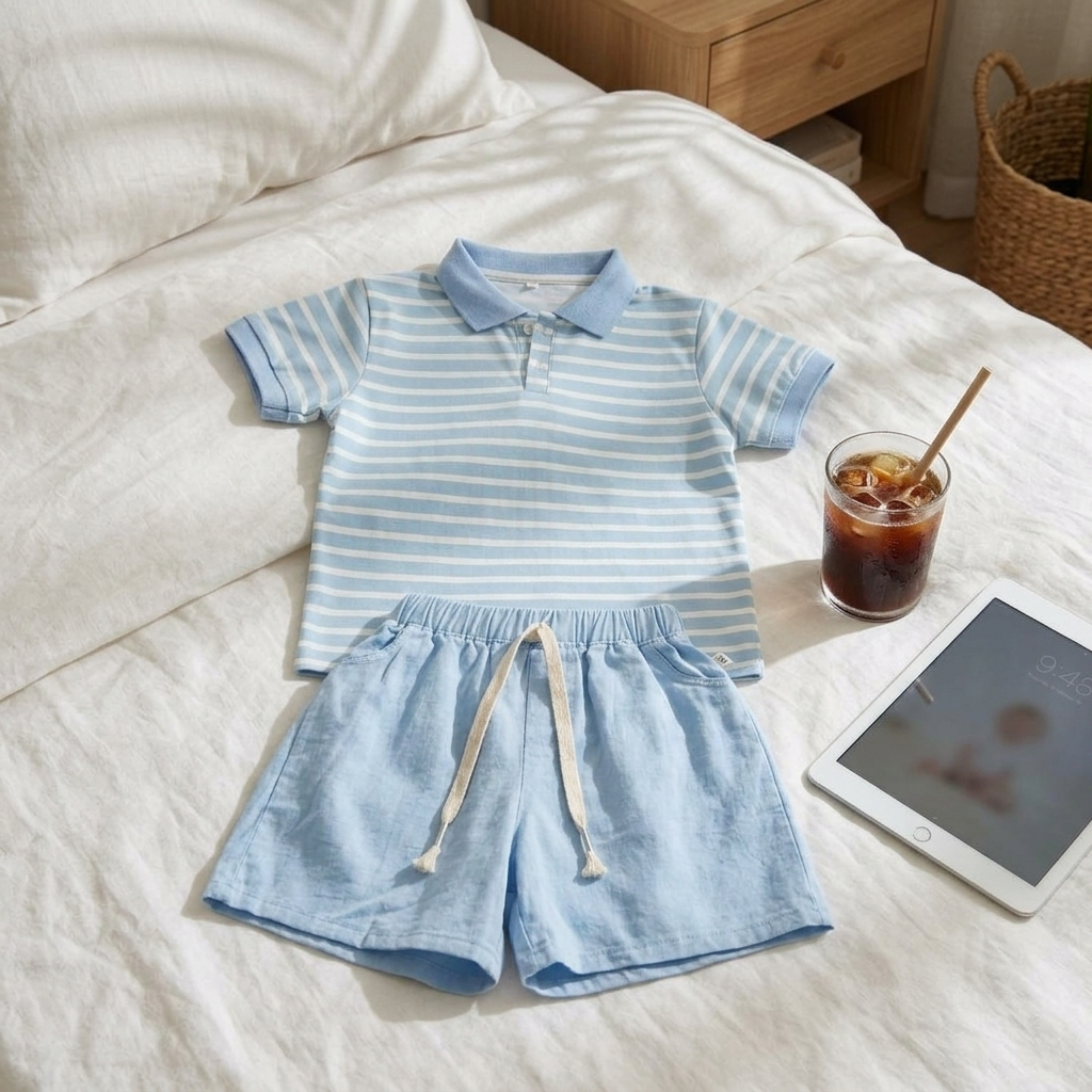 Bộ Polo Bé Trai Sọc Ngang Xanh Trắng (8-30kg), Set Đồ Hè Cho Bé Chất Thun Cotton Có Cổ Mix Quần Short Dây Rút Vintage