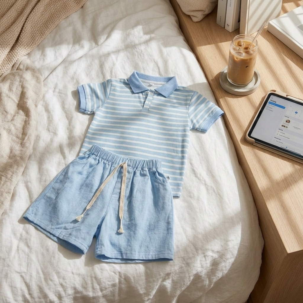 Bộ Polo Bé Trai Sọc Ngang Xanh Trắng (8-30kg), Set Đồ Hè Cho Bé Chất Thun Cotton Có Cổ Mix Quần Short Dây Rút Vintage