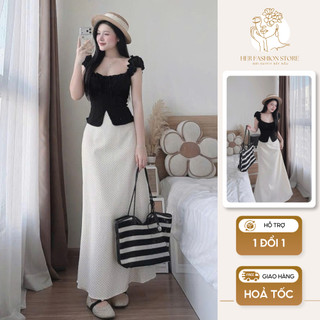Set áo babydoll cổ vuông tay bồng kèm chân váy chấm bi 2 lớp cạp cao dáng dài chất mềm mịn tôn dáng trẻ trung