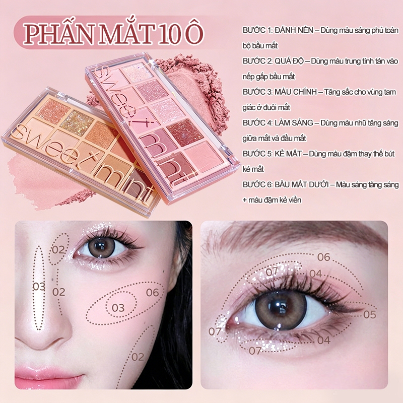 Bảng phấn mắt 10 ô romand, Phấn mắt Hàn Quốc, Phấn mắt lâu dài, Nhũ Lì, Lên màu chuẩn, Phấn mắt trang điểm, Đa Năng