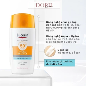 Kem Chống Nắng Cho Da Nhạy Cảm Eucerin Hydro Protect Ultra Light Fluid SPF 50+ Mỏng Nhẹ, Cấp Ẩm Tức Thì 50ml + tẩy trang