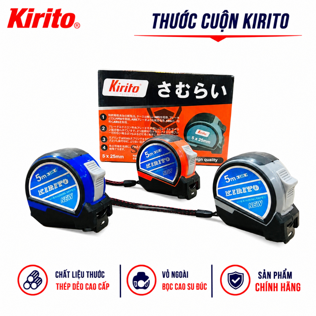 [HỘP 12 CÁI] Thước Cuộn Kirito 5m 7.5m Chính Hãng, Vỏ Cao Su Đúc, Thước Dây Thép Dẻo Độ Bền Cao
