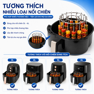 Xiên nướng thịt XN01-24 cho nồi chiên không dầu 3-6L, giá nướng dọc inox cao cấp 24 xiên BBQ