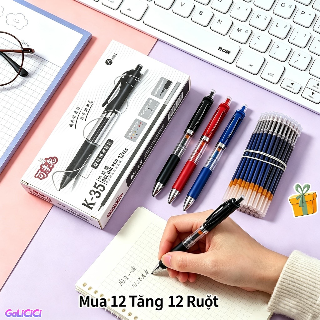 [Mua 12 tặng 12 ruột] Bút gel bấm K35 0.5mm 3 màu đen xanh đỏ, viết mượt, không lem, cho học sinh văn phòng, nhật ký DIY