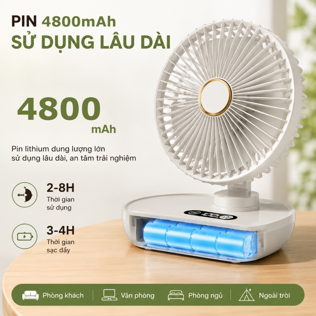 Quạt Để Bàn Tích Điện Xoay 180° Êm Ái 5 Cấp Gió Dùng Cho Văn Phòng Phòng Ngủ