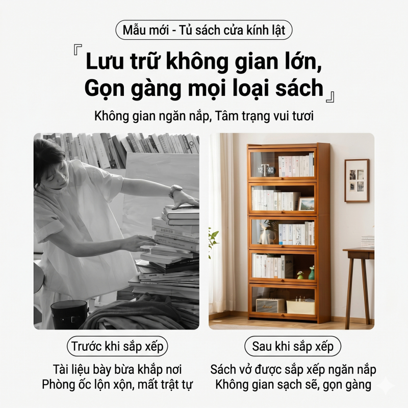 Tủ Sách Cửa Lật Acrylic Trong Suốt  Chống Bụi Chống Ẩm Tiết Kiệm Không Gian Kệ Sách Đa chức năng