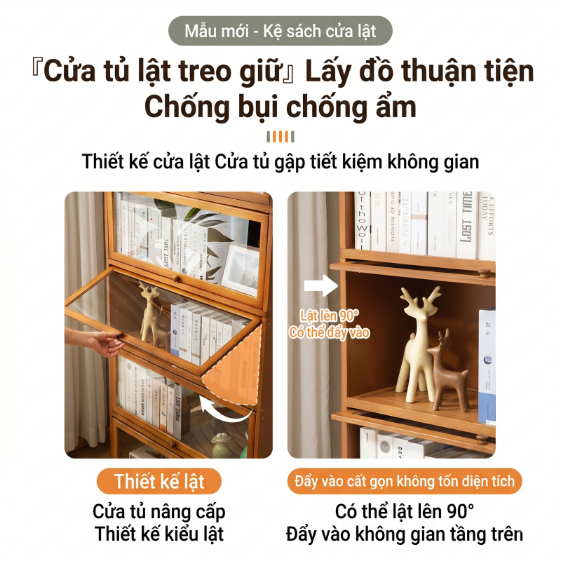 Tủ Sách Cửa Lật Acrylic Trong Suốt  Chống Bụi Chống Ẩm Tiết Kiệm Không Gian Kệ Sách Đa chức năng