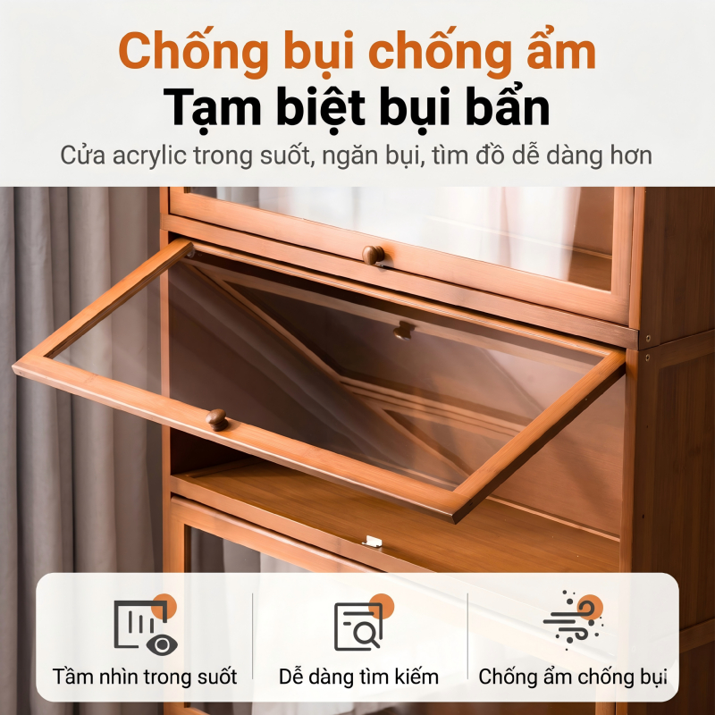 Tủ Sách Cửa Lật Acrylic Trong Suốt  Chống Bụi Chống Ẩm Tiết Kiệm Không Gian Kệ Sách Đa chức năng