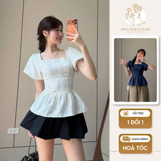 Áo baby doll hoa nhí cổ vuông tay phồng chất thô mềm, áo kiểu nữ chiết eo phong cách tiểu thư dễ phối đồ