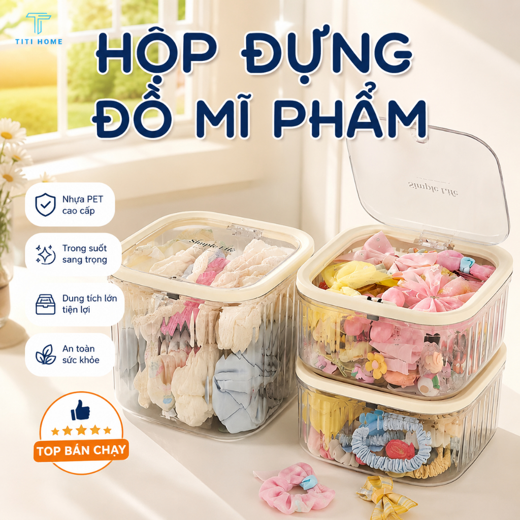Hộp Đựng Đồ Trong Suốt Có Nắp Bật Hộp Đựng Mỹ Phẩm Phụ Kiện Dây Buộc Tóc Bông Tẩy Trang Đồ Cá Nhân Nhựa PET Titihome