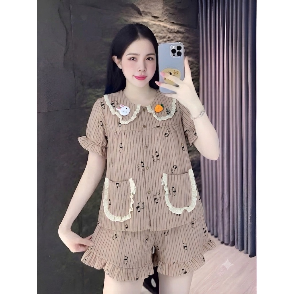 [40-60kg] Bộ Đồ Mặc Nhà Nữ Dễ Thương, Đồ Bộ Pijama Nữ Tay Ngắn Cổ Bèo Chất Vải Thoáng Mát CC05