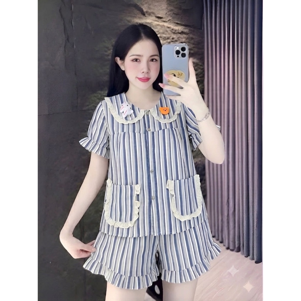[40-60kg] Bộ Đồ Mặc Nhà Nữ Dễ Thương, Đồ Bộ Pijama Nữ Tay Ngắn Cổ Bèo Chất Vải Thoáng Mát CC05
