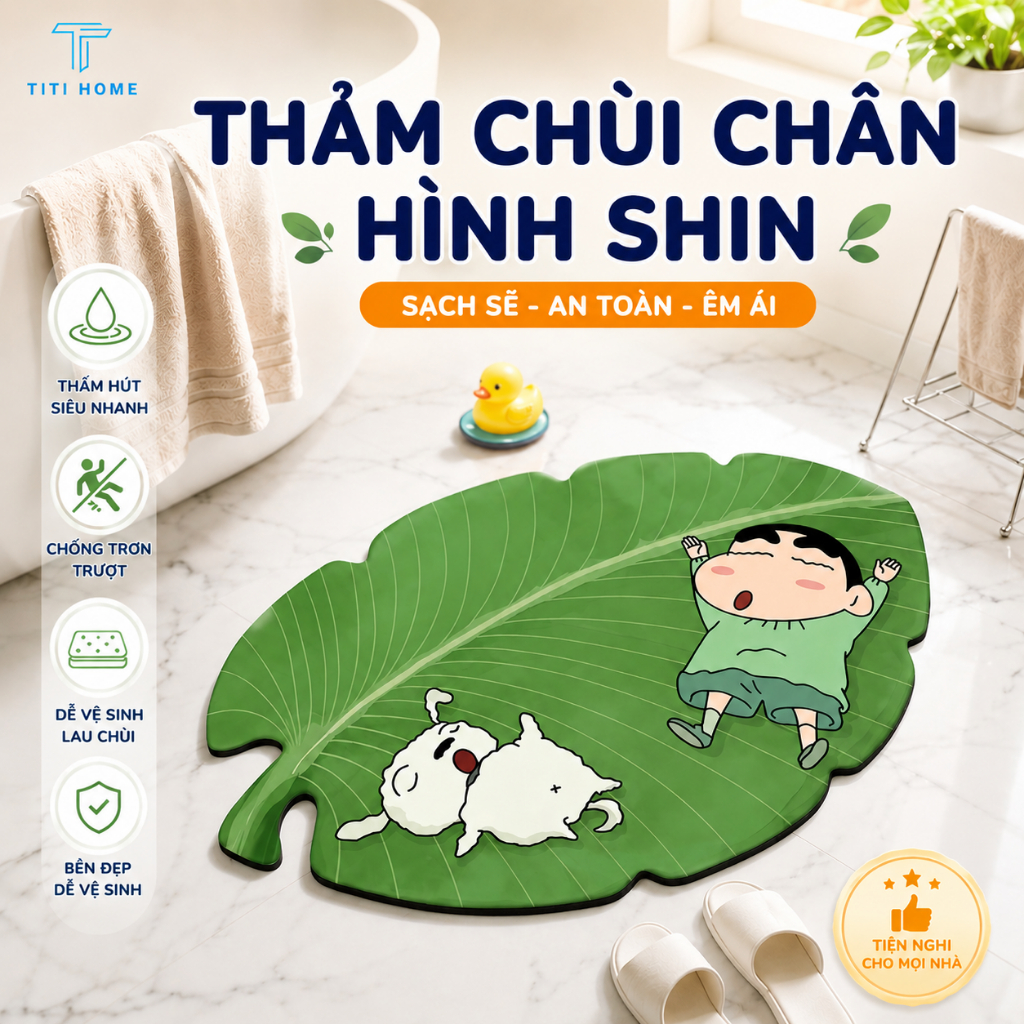 Thảm Chùi Chân Nhà Tắm Hình Shin Chống Trượt Thấm Hút Nước Nhanh Thảm Lau Chân Phòng Tắm Phòng Ngủ Dễ Thương Titihome