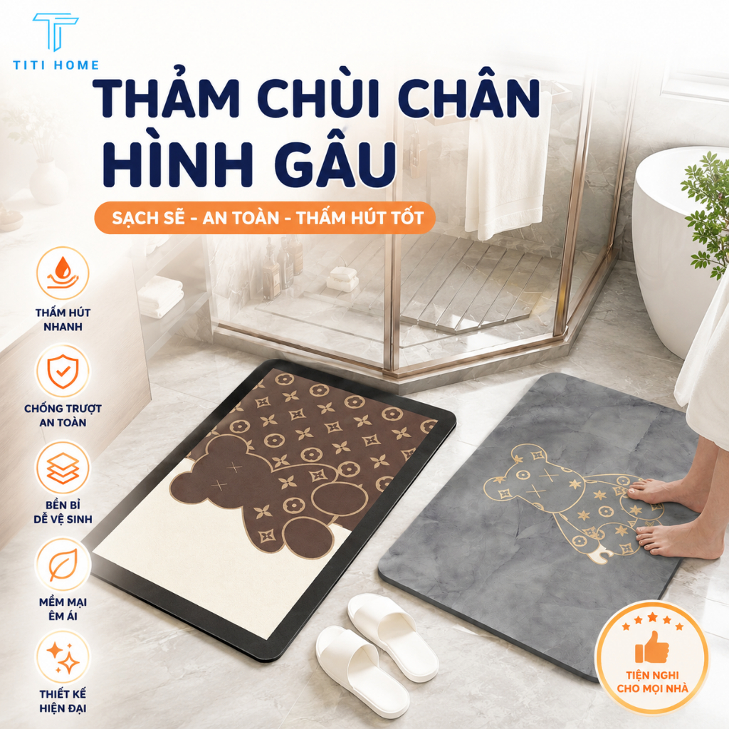 Thảm Nhà Tắm Chất Liệu Silicon 40x60 Siêu Thấm Hút Nước Nhanh Hình Gấu Bearbrick Sang Trọng Dễ Dàng Vệ Sinh TitiHome