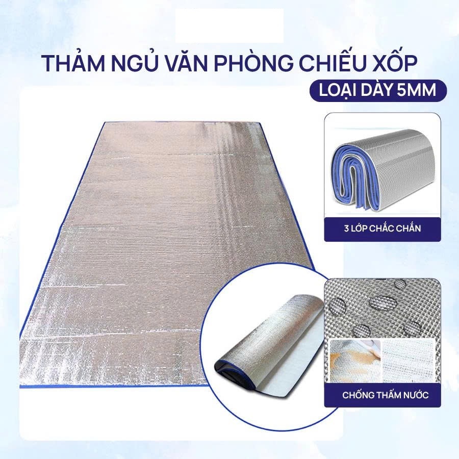 Chiếu, thảm ngủ văn phòng, cắm trại, dã ngoại, picnic.Sản phẩm làm bằng 2 mặt bạc cách nhiệt tốt, túi khí ở giữa dày 5MM