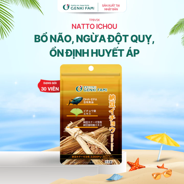 TPBVSK Natto Ichou Phòng Ngừa Đột Quỵ, Bổ Não, Nattokinase 3000 FU Genki Fami Nhật Bản Gói 30 Viên