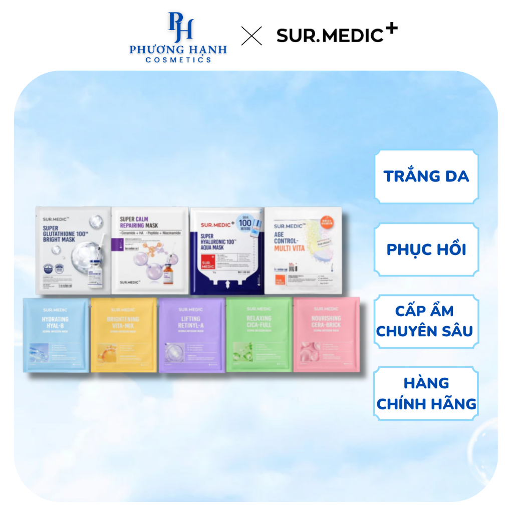 [ĐỦ LOẠI] Hộp 10 Miếng Mặt Nạ Sur.Medic Dưỡng Ẩm Dưỡng Sáng Phục Hồi Da Giảm Mụn Chính Hãng Hàn Quốc