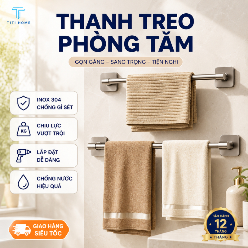 Thanh treo khăn nhà tắm dán tường, chất liệu nhôm cao cấp không gỉ TitiHome